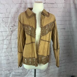 carducci Womens L Lace-Trim suede Jacket patchwork crochet shacket boho western